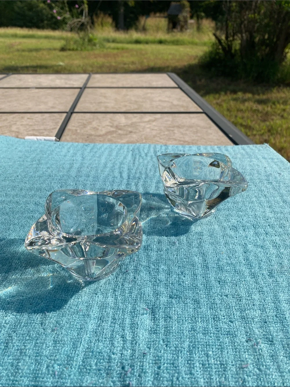 Vintage Heavy Clear Crystal Candle Holders Four-Sided Blooming Petals- Set of 2